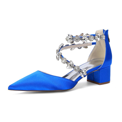 Women's Silk Satin With Closed Toe Ankle Strap Chunky Heel Evening Shoes With Rhinestone