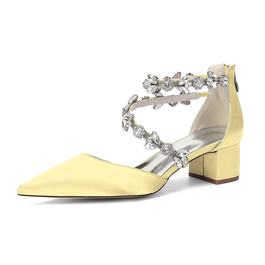 Women's Silk Satin With Closed Toe Ankle Strap Chunky Heel Evening Shoes With Rhinestone
