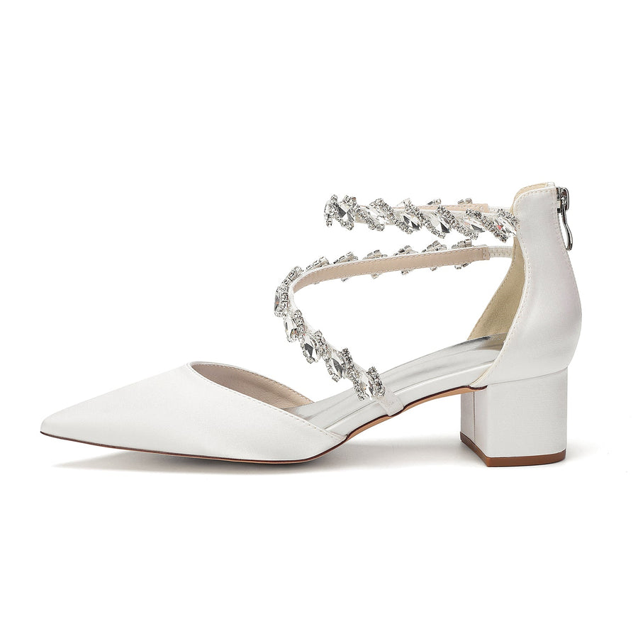 Women's Silk Satin With Closed Toe Ankle Strap Chunky Heel Evening Shoes With Rhinestone