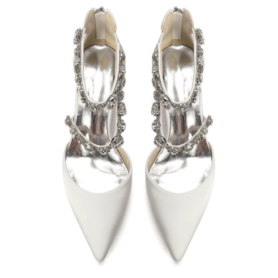 Women's Silk Satin With Closed Toe Ankle Strap Chunky Heel Evening Shoes With Rhinestone
