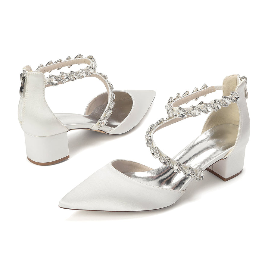 Women's Silk Satin With Closed Toe Ankle Strap Chunky Heel Evening Shoes With Rhinestone