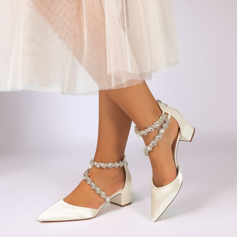 Women's Silk Satin With Closed Toe Ankle Strap Chunky Heel Evening Shoes With Rhinestone