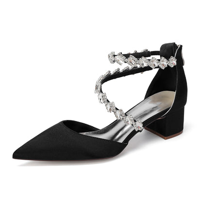 Women's Silk Satin With Closed Toe Ankle Strap Chunky Heel Evening Shoes With Rhinestone