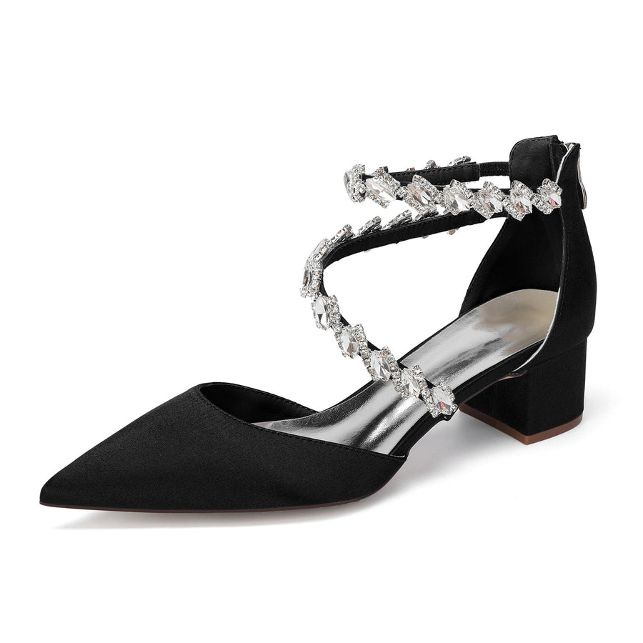Women's Silk Satin With Closed Toe Ankle Strap Chunky Heel Evening Shoes With Rhinestone