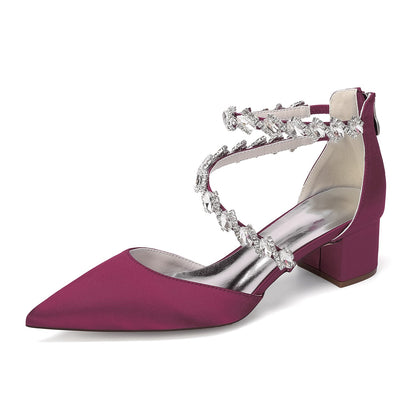 Women's Silk Satin With Closed Toe Ankle Strap Chunky Heel Evening Shoes With Rhinestone