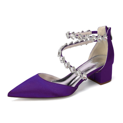 Women's Silk Satin With Closed Toe Ankle Strap Chunky Heel Evening Shoes With Rhinestone