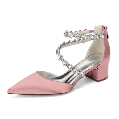 Women's Silk Satin With Closed Toe Ankle Strap Chunky Heel Evening Shoes With Rhinestone
