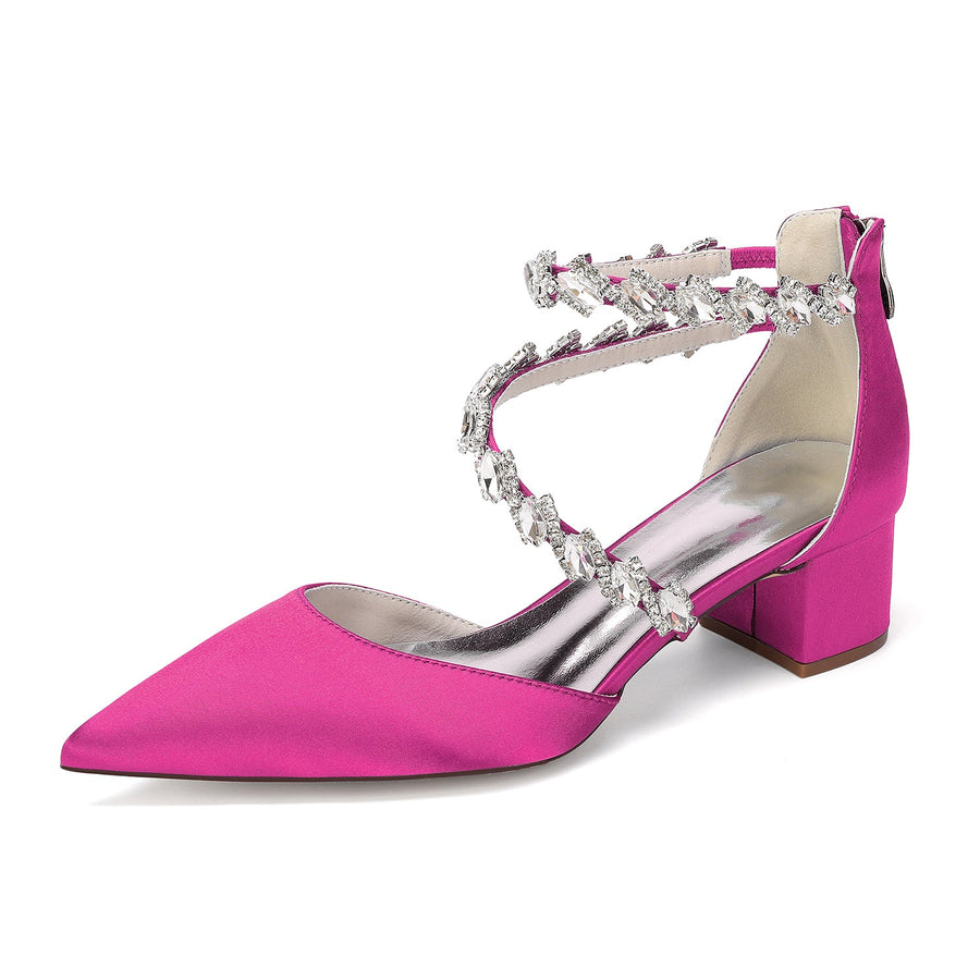 Women's Silk Satin With Closed Toe Ankle Strap Chunky Heel Evening Shoes With Rhinestone