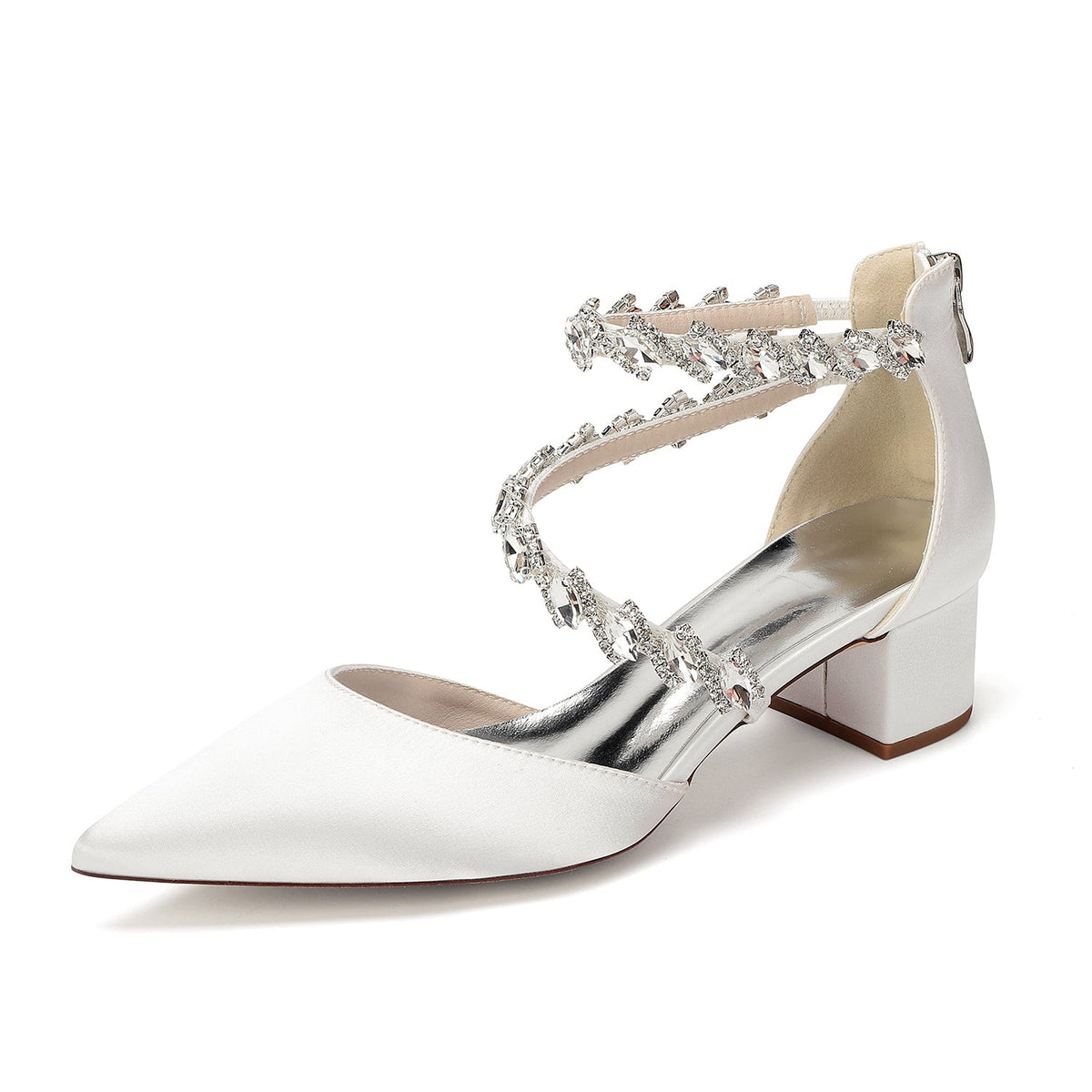 Women's Silk Satin With Closed Toe Ankle Strap Chunky Heel Evening Shoes With Rhinestone
