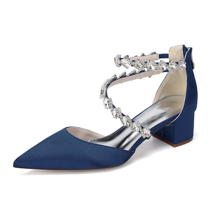 Women's Silk Satin With Closed Toe Ankle Strap Chunky Heel Evening Shoes With Rhinestone