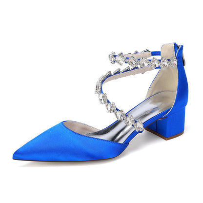 Women's Silk Satin With Closed Toe Ankle Strap Chunky Heel Evening Shoes With Rhinestone