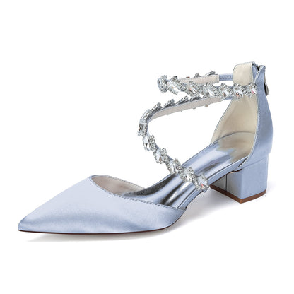 Women's Silk Satin With Closed Toe Ankle Strap Chunky Heel Evening Shoes With Rhinestone