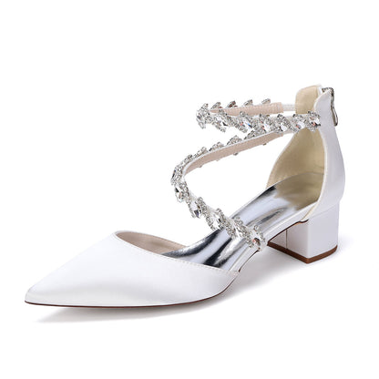 Women's Silk Satin With Closed Toe Ankle Strap Chunky Heel Evening Shoes With Rhinestone