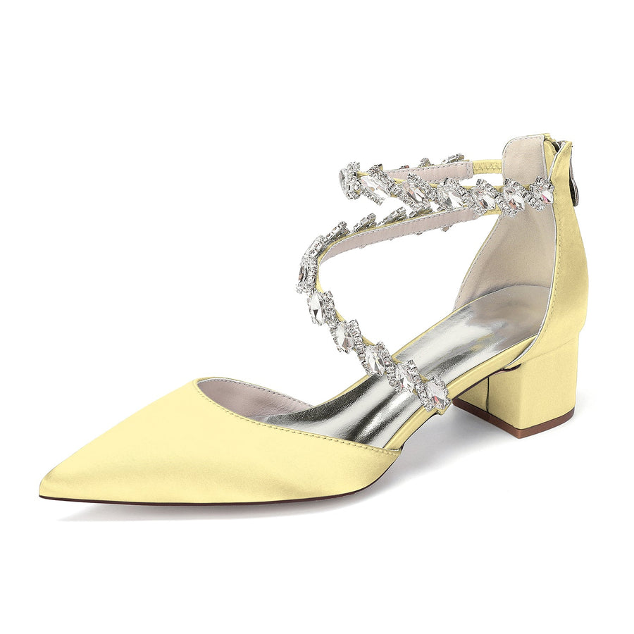 Women's Silk Satin With Closed Toe Ankle Strap Chunky Heel Evening Shoes With Rhinestone