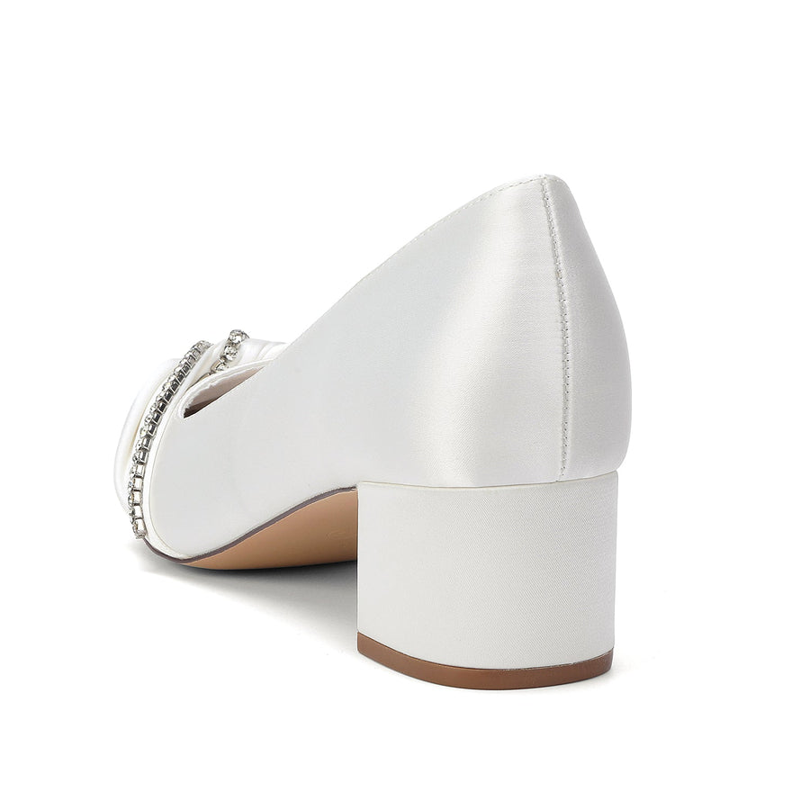Women's Silk Satin With Closed Toe Ankle Strap Chunky Heel Evening Shoes With Bowknot