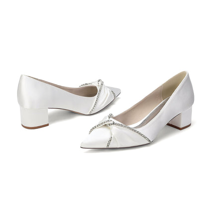 Women's Silk Satin With Closed Toe Ankle Strap Chunky Heel Evening Shoes With Bowknot