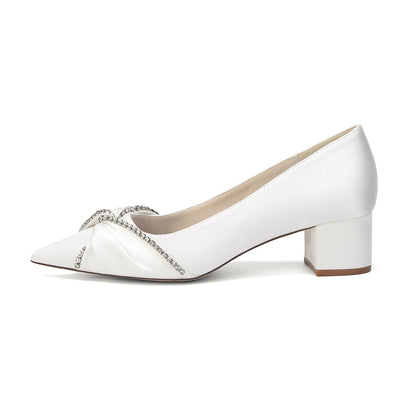 Women's Silk Satin With Closed Toe Ankle Strap Chunky Heel Evening Shoes With Bowknot