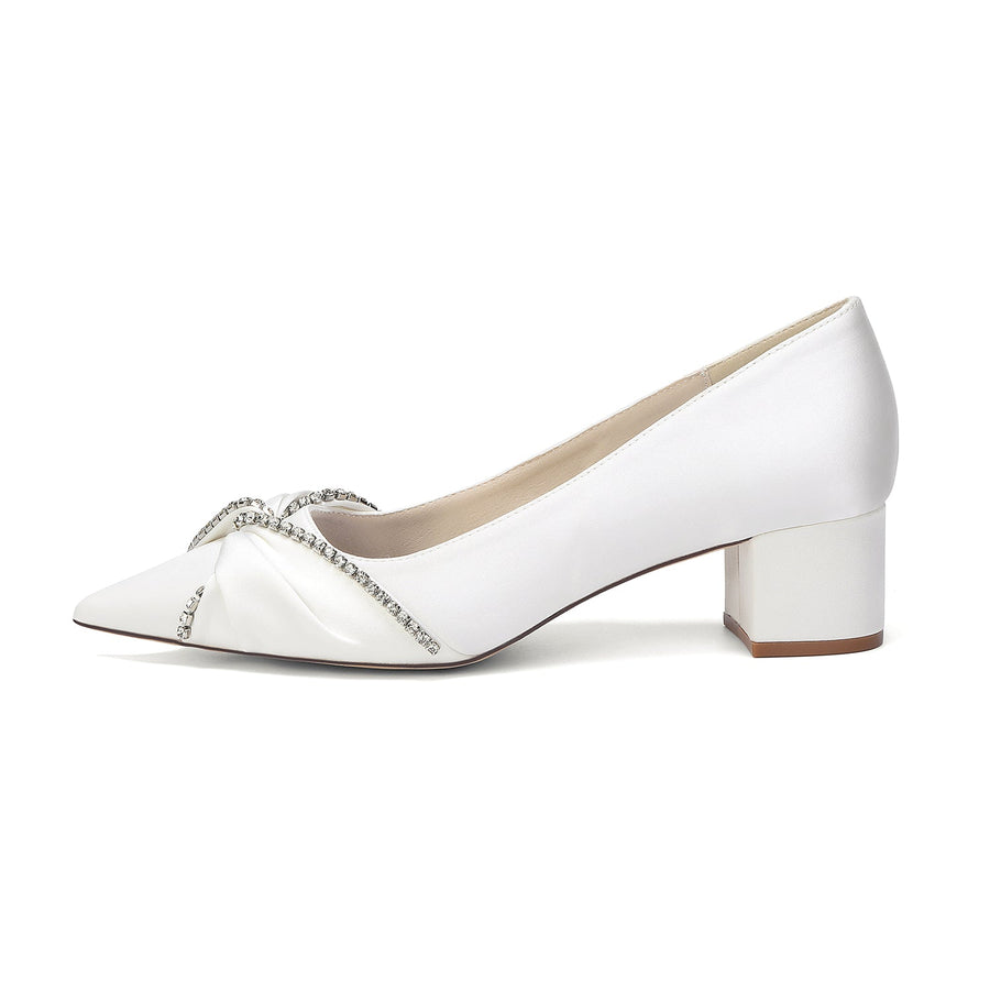Women's Silk Satin With Closed Toe Ankle Strap Chunky Heel Evening Shoes With Bowknot