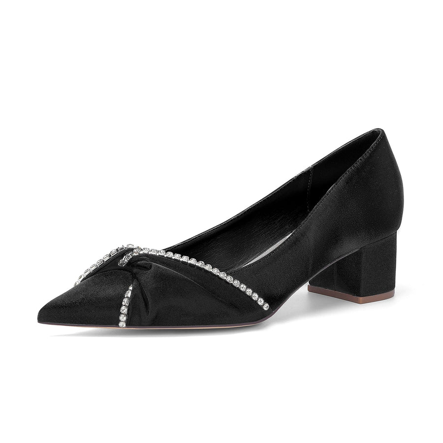 Women's Silk Satin With Closed Toe Ankle Strap Chunky Heel Evening Shoes With Bowknot