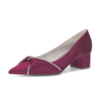 Women's Silk Satin With Closed Toe Ankle Strap Chunky Heel Evening Shoes With Bowknot