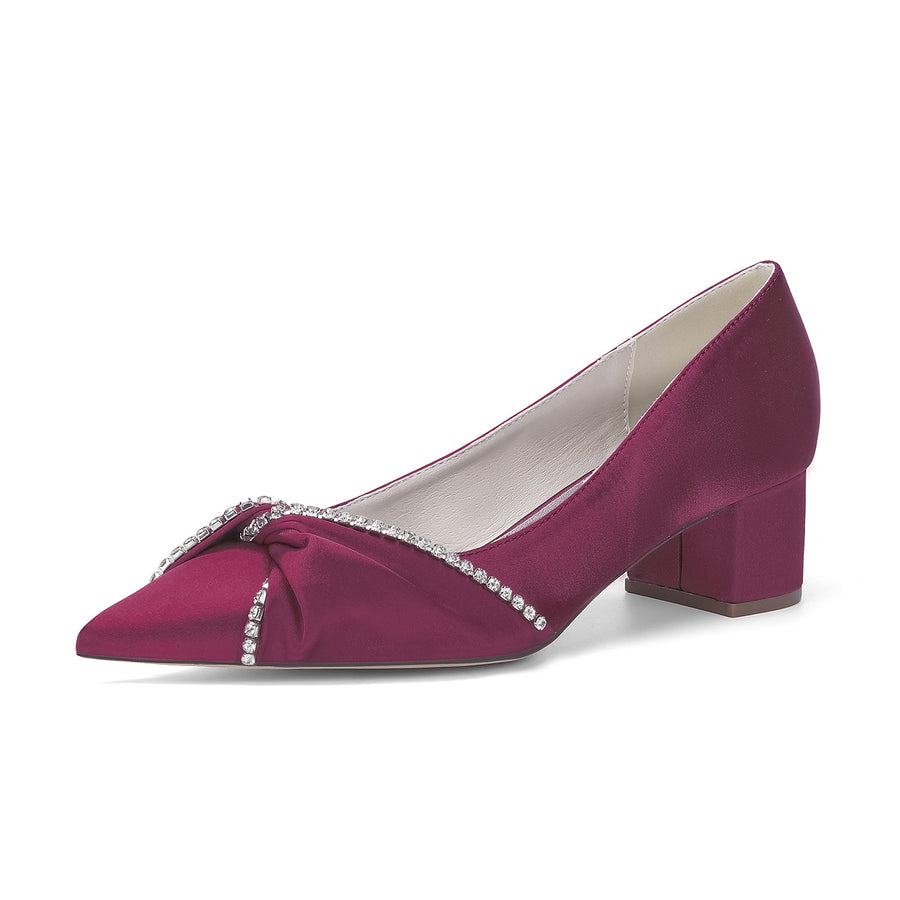 Women's Silk Satin With Closed Toe Ankle Strap Chunky Heel Evening Shoes With Bowknot