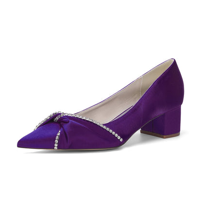 Women's Silk Satin With Closed Toe Ankle Strap Chunky Heel Evening Shoes With Bowknot