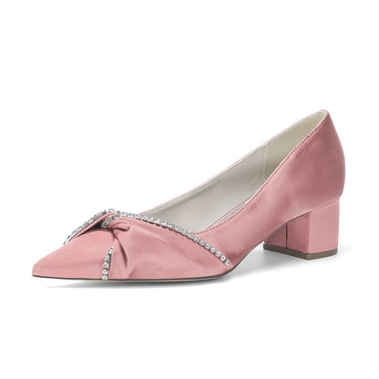 Women's Silk Satin With Closed Toe Ankle Strap Chunky Heel Evening Shoes With Bowknot