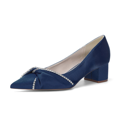 Women's Silk Satin With Closed Toe Ankle Strap Chunky Heel Evening Shoes With Bowknot