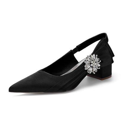 Women's Silk Satin With Closed Toe Ankle Strap Chunky Heel Evening Shoes With 3D Flower