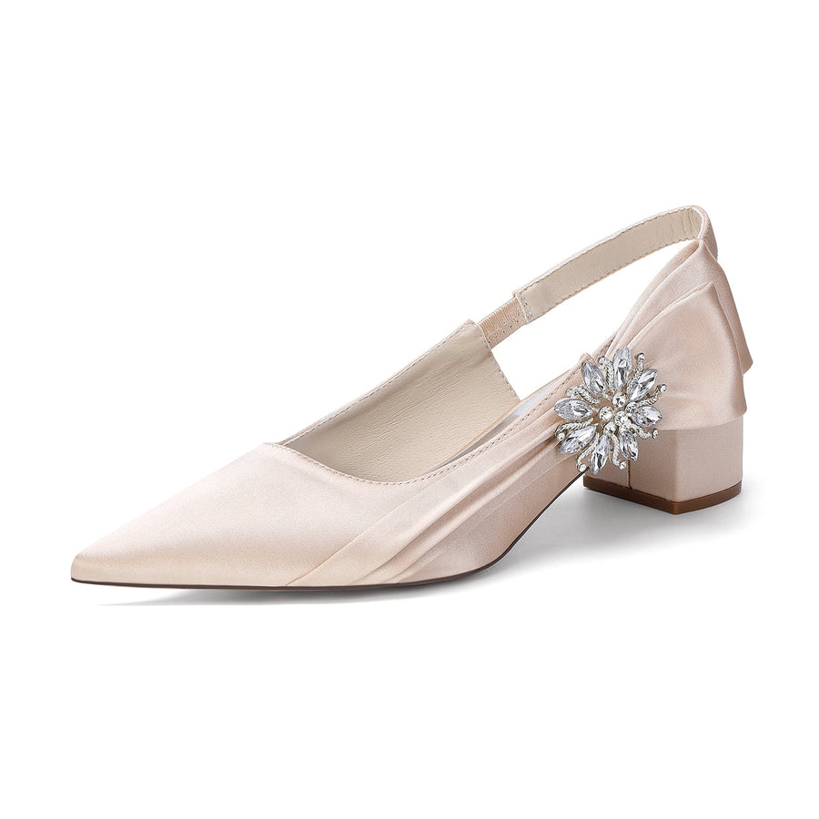 Women's Silk Satin With Closed Toe Ankle Strap Chunky Heel Evening Shoes With 3D Flower