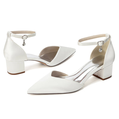 Women's Silk Satin With Closed Toe Ankle Strap Chunky Heel Evening Shoes With Rhinestone