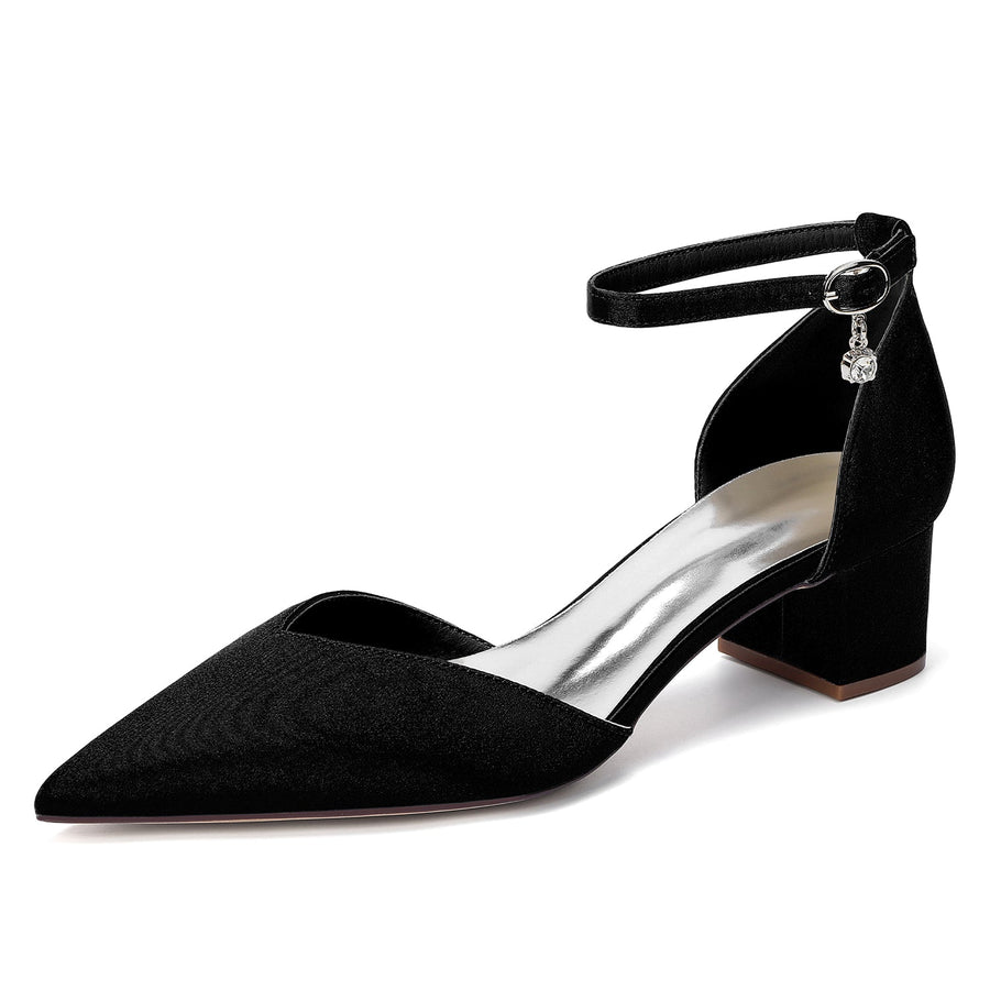 Women's Silk Satin With Closed Toe Ankle Strap Chunky Heel Evening Shoes With Rhinestone