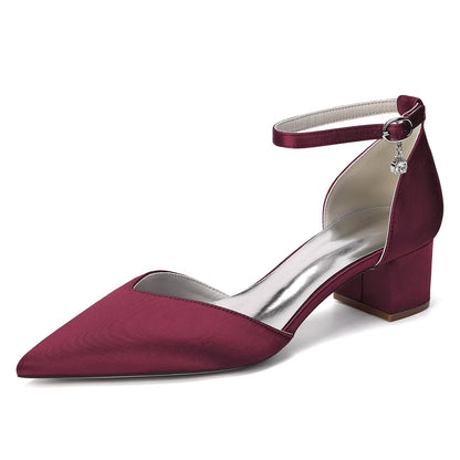 Women's Silk Satin With Closed Toe Ankle Strap Chunky Heel Evening Shoes With Rhinestone