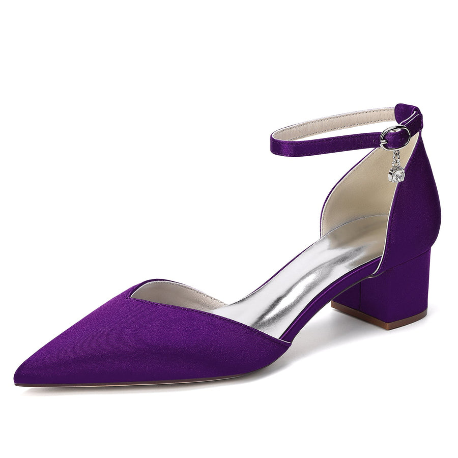 Women's Silk Satin With Closed Toe Ankle Strap Chunky Heel Evening Shoes With Rhinestone