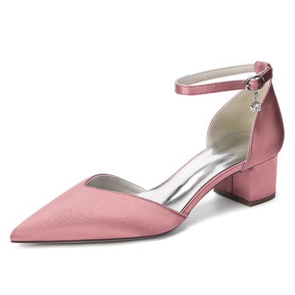 Women's Silk Satin With Closed Toe Ankle Strap Chunky Heel Evening Shoes With Rhinestone