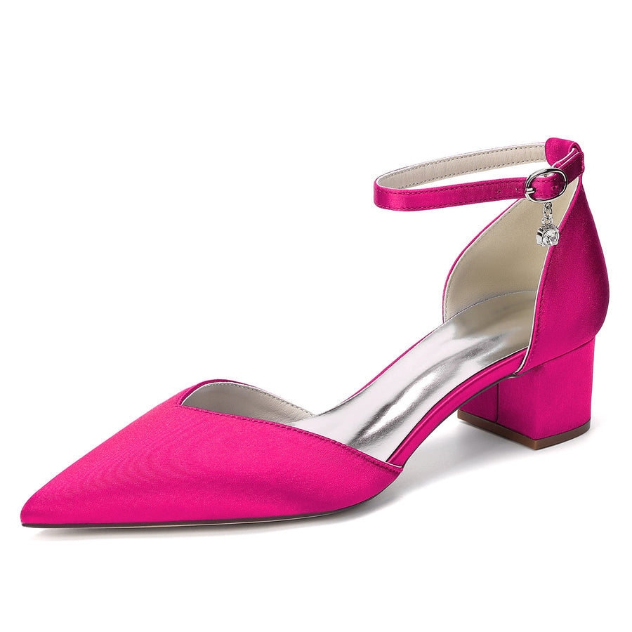 Women's Silk Satin With Closed Toe Ankle Strap Chunky Heel Evening Shoes With Rhinestone