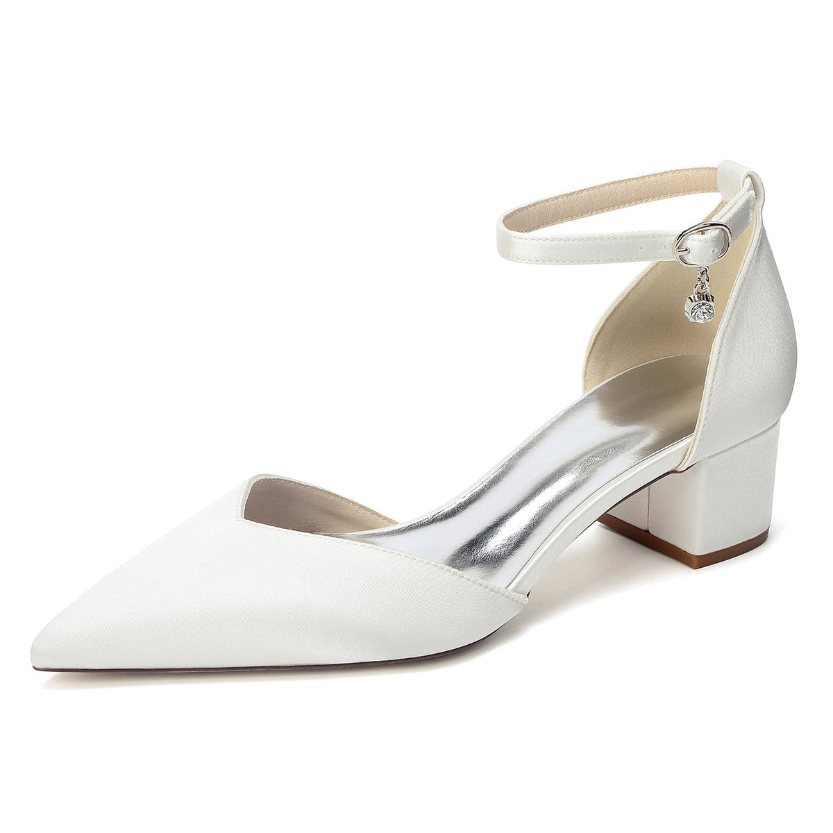 Women's Silk Satin With Closed Toe Ankle Strap Chunky Heel Evening Shoes With Rhinestone