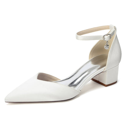 Women's Silk Satin With Closed Toe Ankle Strap Chunky Heel Evening Shoes With Rhinestone