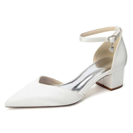 Women's Silk Satin With Closed Toe Ankle Strap Chunky Heel Evening Shoes With Rhinestone
