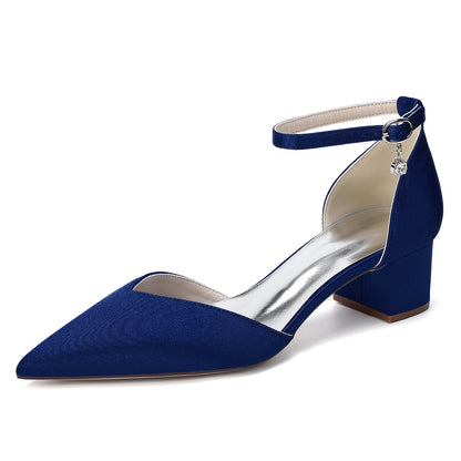 Women's Silk Satin With Closed Toe Ankle Strap Chunky Heel Evening Shoes With Rhinestone