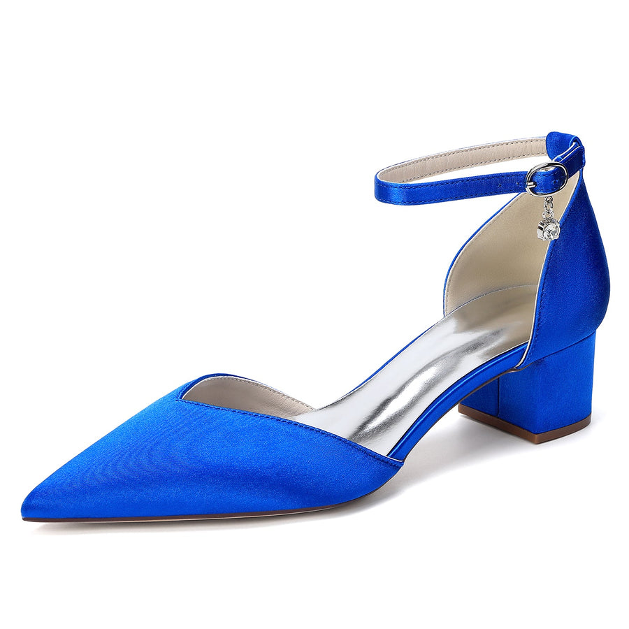 Women's Silk Satin With Closed Toe Ankle Strap Chunky Heel Evening Shoes With Rhinestone