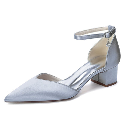 Women's Silk Satin With Closed Toe Ankle Strap Chunky Heel Evening Shoes With Rhinestone