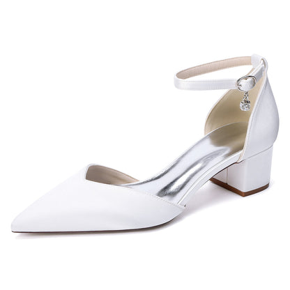 Women's Silk Satin With Closed Toe Ankle Strap Chunky Heel Evening Shoes With Rhinestone