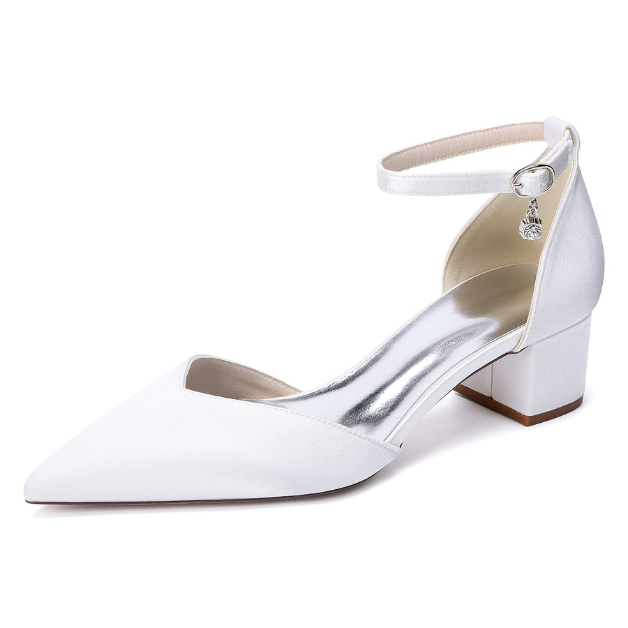 Women's Silk Satin With Closed Toe Ankle Strap Chunky Heel Evening Shoes With Rhinestone