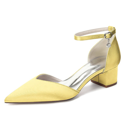 Women's Silk Satin With Closed Toe Ankle Strap Chunky Heel Evening Shoes With Rhinestone