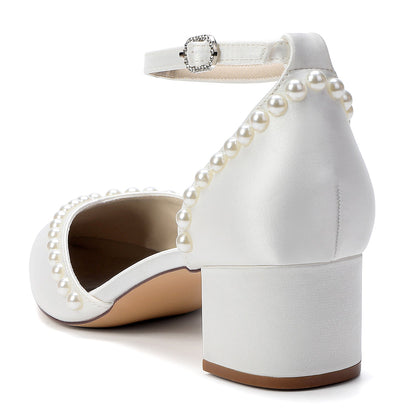 Women's  Silk Satin With Pearl Ankle Strap Closed Toe Chunky Heel Evening Shoes