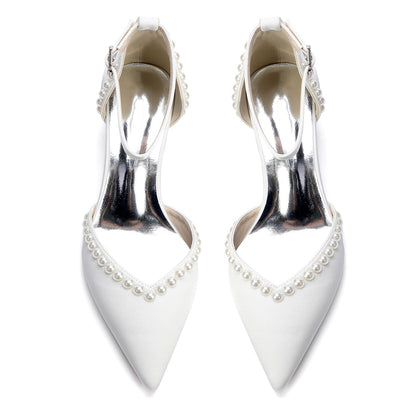 Women's  Silk Satin With Pearl Ankle Strap Closed Toe Chunky Heel Evening Shoes
