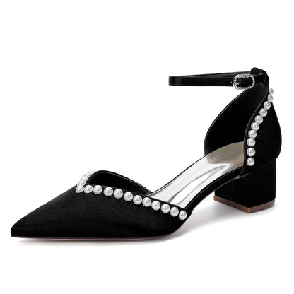 Women's  Silk Satin With Pearl Ankle Strap Closed Toe Chunky Heel Evening Shoes