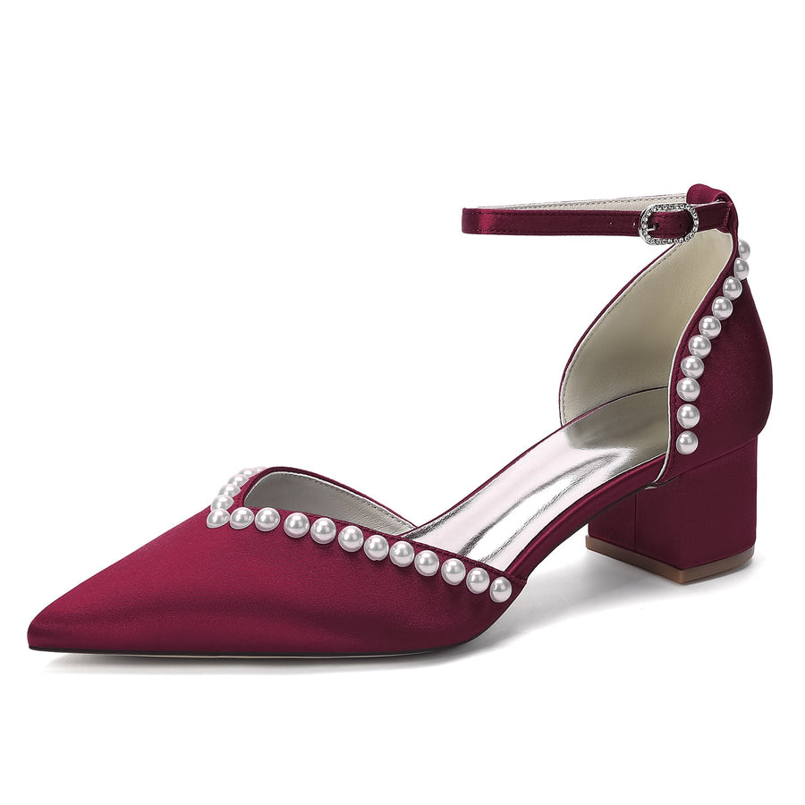 Women's  Silk Satin With Pearl Ankle Strap Closed Toe Chunky Heel Evening Shoes