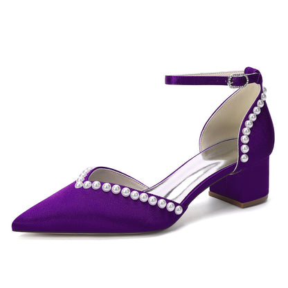 Women's  Silk Satin With Pearl Ankle Strap Closed Toe Chunky Heel Evening Shoes